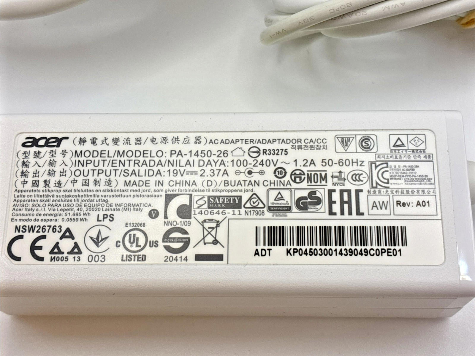 Acer White AC Adapter Model PA-1450-26 Laptop Power Supply Complete Tested